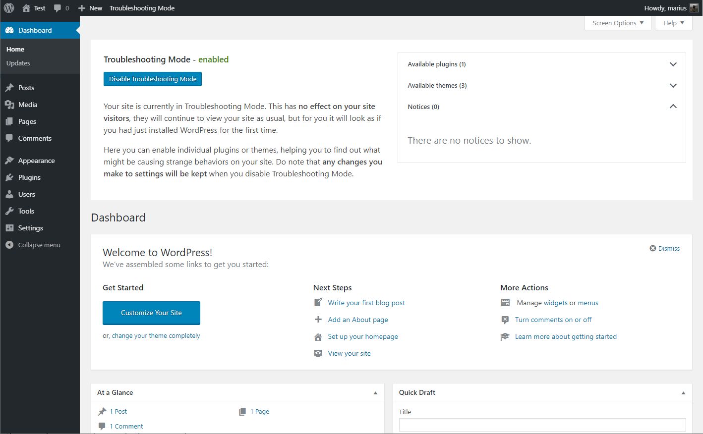 Режим устранения неполадок Health Check в панели WordPress