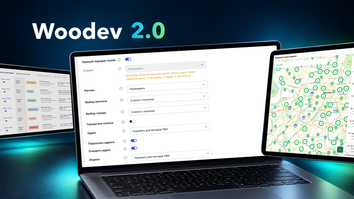 Woodev 2.0: ноутбук с общими настройками доставки, экран с картой пунктов выдачи и список заказов доставки